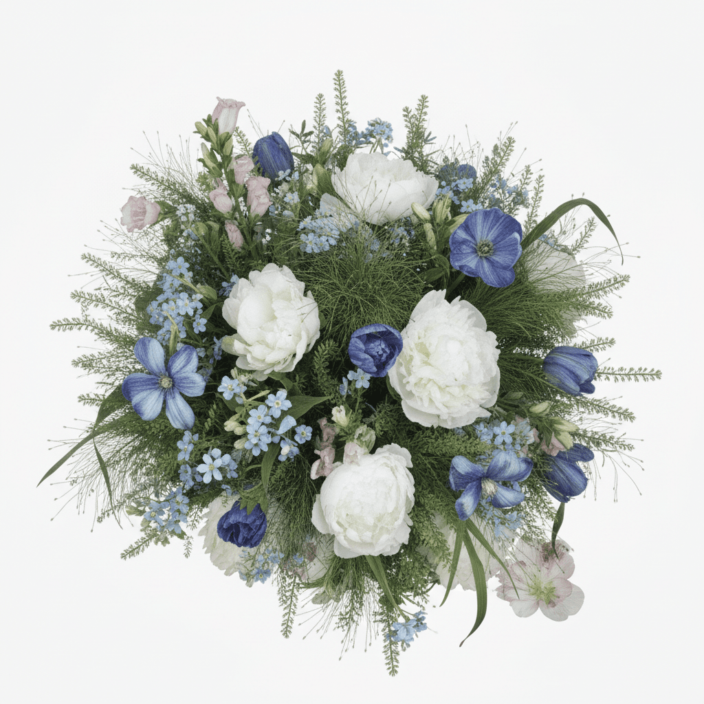 White Peony Purple Tulip Blue Pink Bellflower Blue Star Flower Fountain Grass and Green Fan thumbnail 2