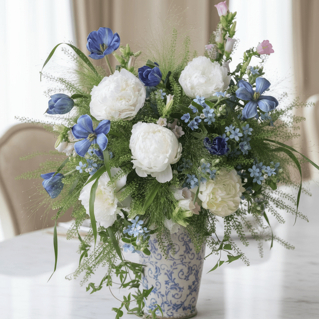 White Peony Purple Tulip Blue Pink Bellflower Blue Star Flower Fountain Grass and Green Fan thumbnail 3