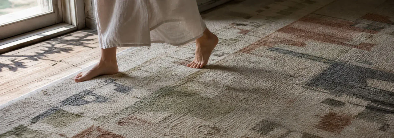 Bare feet crossing a handmade wool rug in natural light